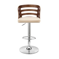 Adjustable Barstool with Curved Open Wooden Back, Brown and Cream