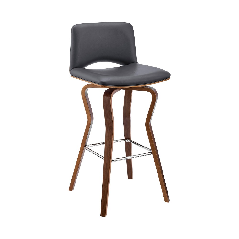 Swivel Barstool with Faux Leather and Wooden Support, Brown and Gray