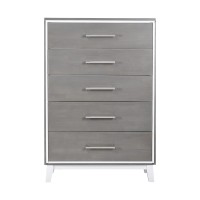 5 Drawer Wooden Chest with Bar Pulls, Gray and White