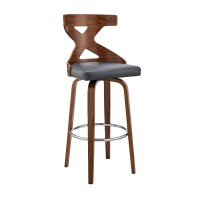 Swivel Barstool with Curved Wooden X Back, Brown and Gray
