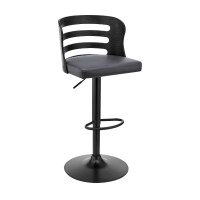 Adjustable Barstool with Curved Open Wooden Back, Black