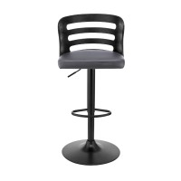 Adjustable Barstool with Curved Open Wooden Back, Black