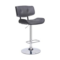 Bar Stool with Leatherette Button Tufted Back and Seat, Gray and Silver
