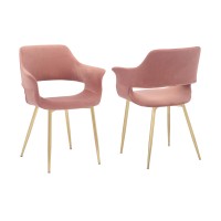 Dining Chair with Flared Curved Arms and Angled Metal Legs, Set of 2, Pink