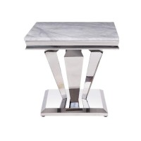 End Table with Faux Marble Top and Metal Base, White and Silver