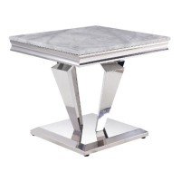 End Table with Faux Marble Top and Metal Base, White and Silver