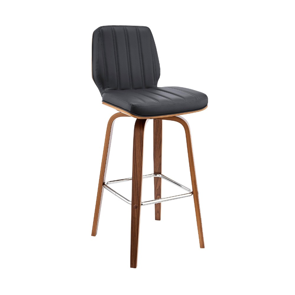 Swivel Barstool with Channel Stitching and Wooden Support, Brown and Black