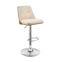 Adjustable Barstool with Faux Leather and Wooden Backing, Cream and Brown