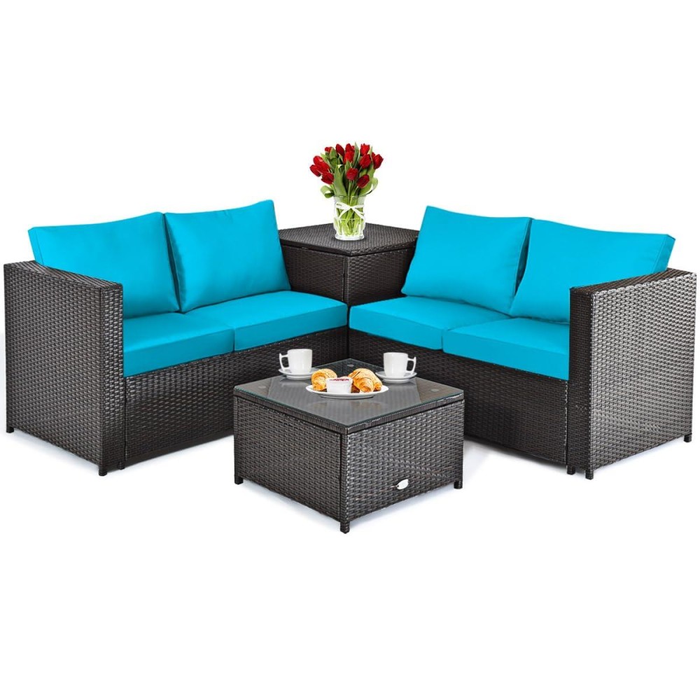 Dortala 4 Pieces Outdoor Patio Furniture Set, Weather Resistant Pe Rattan Conversation Set With 2 Loveseats, Outdoor Sectional Sofa Set With Comfy Cushions For Garden And Poolside, Turquoise