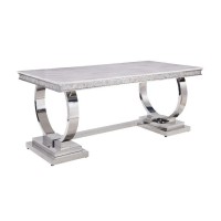 Dining Table with Circular Metal Accent Base, Silver