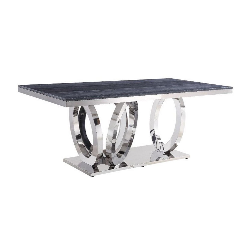 Dining Table with Circular Metal Accent Base, Gray