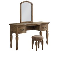 3 Piece Vanity Set with Carved Mirror and Turned Legs, Brown