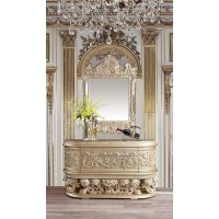 Half Moon Server with Hollow Scroll Floral Carvings and 3 Drawers, Gold