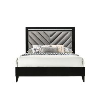 Queen Bed with Padded Headboard and Metal Trim, Gray and Black