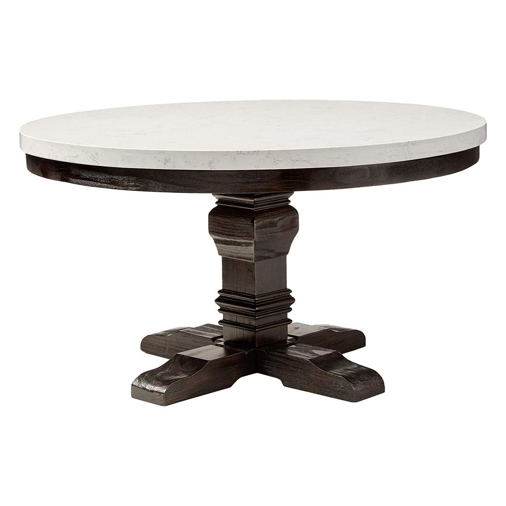 Dining Table with Marble Top and Pedestal Base, White and Gray