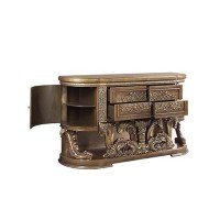 Half Moon Server with Hollow Scroll Floral Carvings and 3 Drawers, Bronze