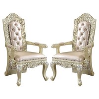 Leatherette Armchair with Scrolled Floral Tall Back, Set of 2, Gold