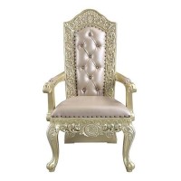 Leatherette Armchair with Scrolled Floral Tall Back, Set of 2, Gold