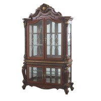 Curio Cabinet with Touch Light and Scrolled Crown Top, Cherry Brown