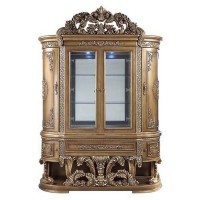 Curio with 2 Glass Doors and Hollow Carvings, Antique Gold