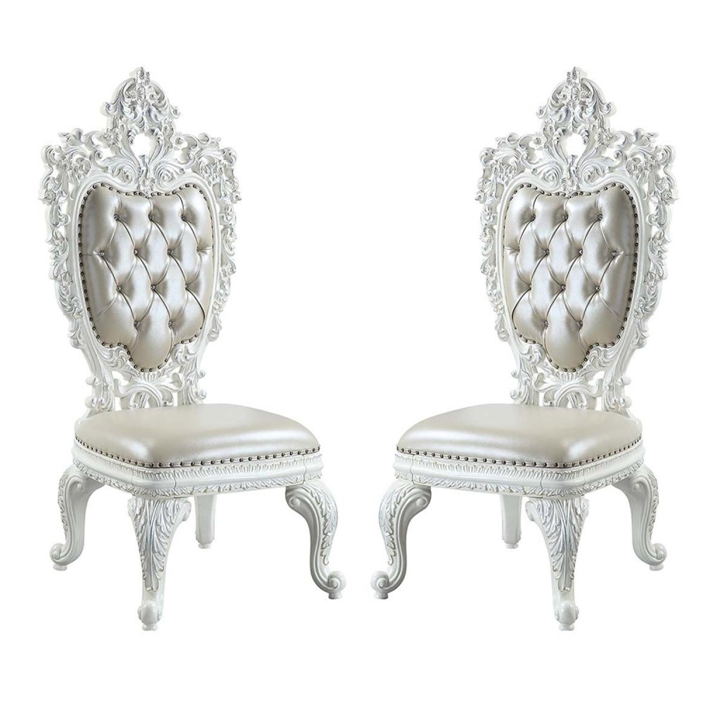 Side Chair with Oversized Crown Top and Button Tufting, Set of 2, White
