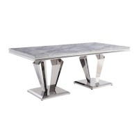 Dining Table with Geometric Dual Pedestal Base, Silver