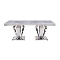 Dining Table with Geometric Dual Pedestal Base, Silver