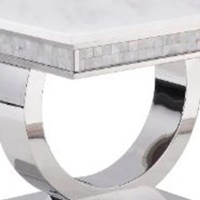 Sofa Table with Faux Marble Top and Steel Base, White and Silver