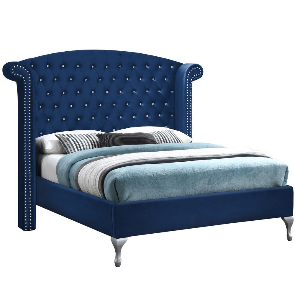 Better Home Products Cleopatra Crystal Tufted Velvet Platform Queen Bed in Blue