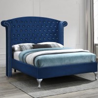 Better Home Products Cleopatra Crystal Tufted Velvet Platform Queen Bed in Blue