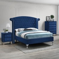 Better Home Products Cleopatra Crystal Tufted Velvet Platform Queen Bed in Blue