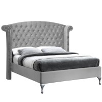 Better Home Products Cleopatra Crystal Tufted Velvet Platform Bed in Gray