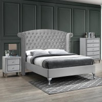 Better Home Products Cleopatra Crystal Tufted Velvet Platform Bed in Gray