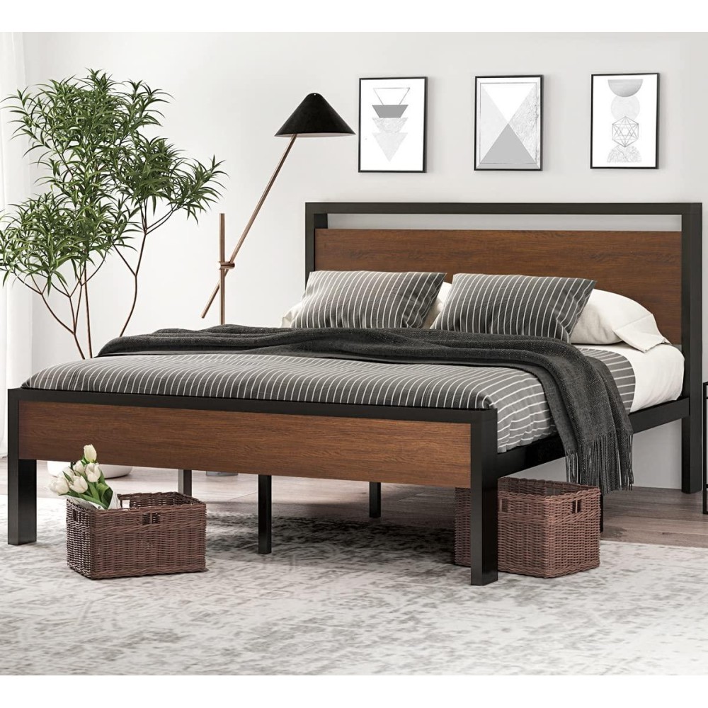 Sha Cerlin 14 Inch Queen Size Metal Platform Bed Frame With Wooden Headboard And Footboard Mattress Foundation No Box Spring N