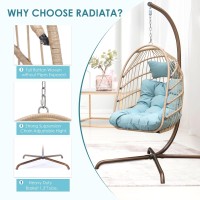 Radiata Foldable Wicker Rattan Hanging Egg Chair With Stand, Swing Chair With Cushion And Pillow, Lounging Chair For Indoor Outdoor Bedroom Patio Garden (Blue With Stand)