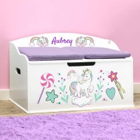 DIBSIES Personalized Creative Wonders Toy Box (Unicorns & Rainbows, White)