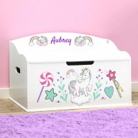 DIBSIES Personalized Creative Wonders Toy Box (Unicorns & Rainbows, White)