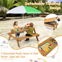 Honey Joy Kids Picnic Table, 4 In 1 Cedar Wooden Sand & Water Table W/ 2 Removable Box & Umbrella, Kids Picnic Tables For Outdoors Backyard Garden, Toddler Patio Furniture Set For Boys Girls(Natural)