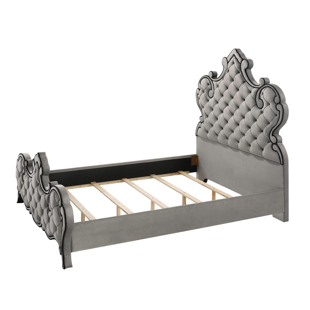 Acme Furniture Fully Upholstered King Size Bed, Eastern, Gray Velvet