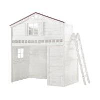 Acme Tree House Wooden Twin Loft Bed With Side Ladder In Pink And White