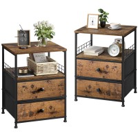Enhomee Nightstand Set Of 2, Bedside Table With Fabric Drawers And Open Wood Shelf Storage, Industrial Bed Side Table, Night Stand For Bedroom, Living Room, Dorm, Easy Assembly And Pull, Rustic Brown