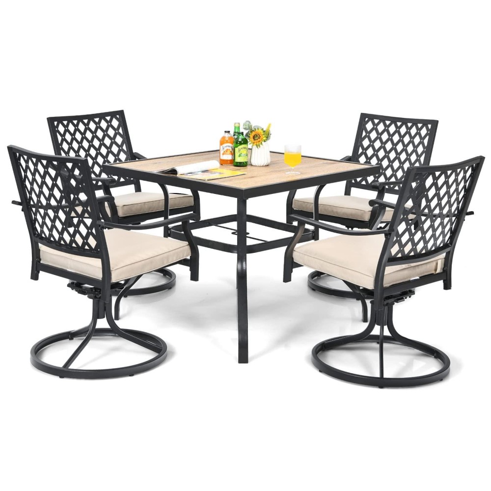 Giantex 5 Piece Patio Dining Set, Outdoor Square Bistro Table For 4, Swivel Rocking Chair With Soft Cushions, Rustproof Steel Outside Dining Furniture For Garden Deck Poolside Lawn Yard