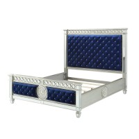 California King Bed with Button Tufting and Mirror Trim, Blue