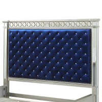 California King Bed with Button Tufting and Mirror Trim, Blue