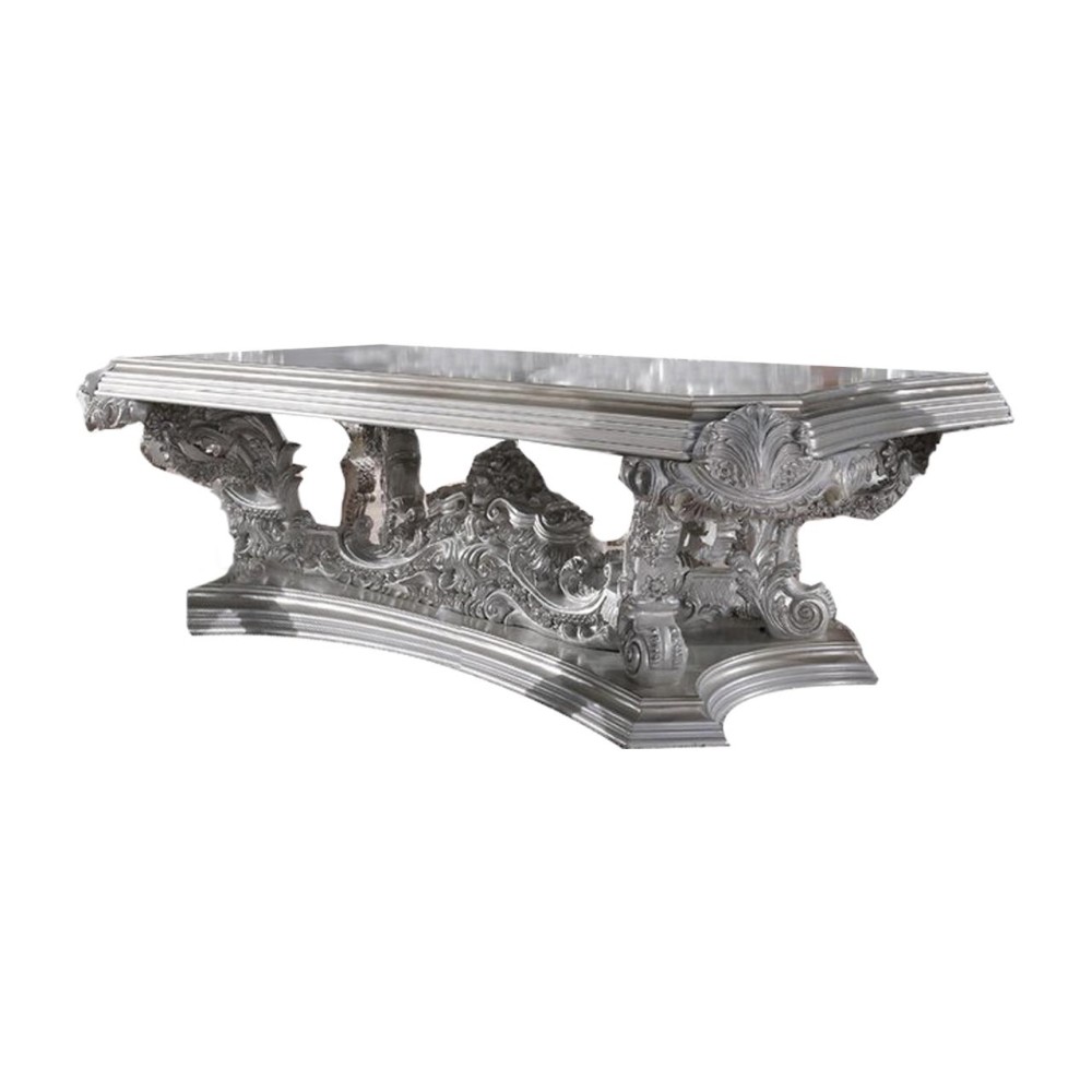 Dining Table with Intricate Scroll Floral Carvings, Gray