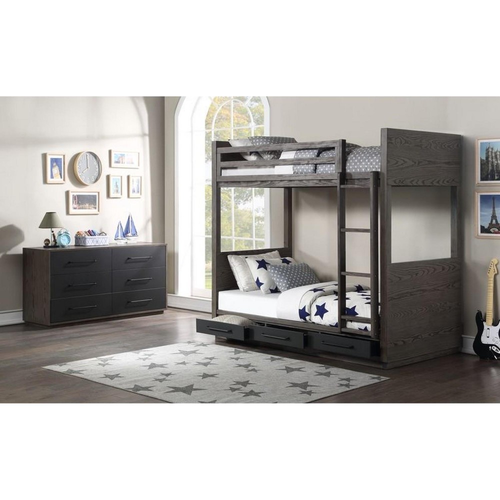 Twin over Twin Bunk with 2 Drawers and Grain Details, Oak Gray