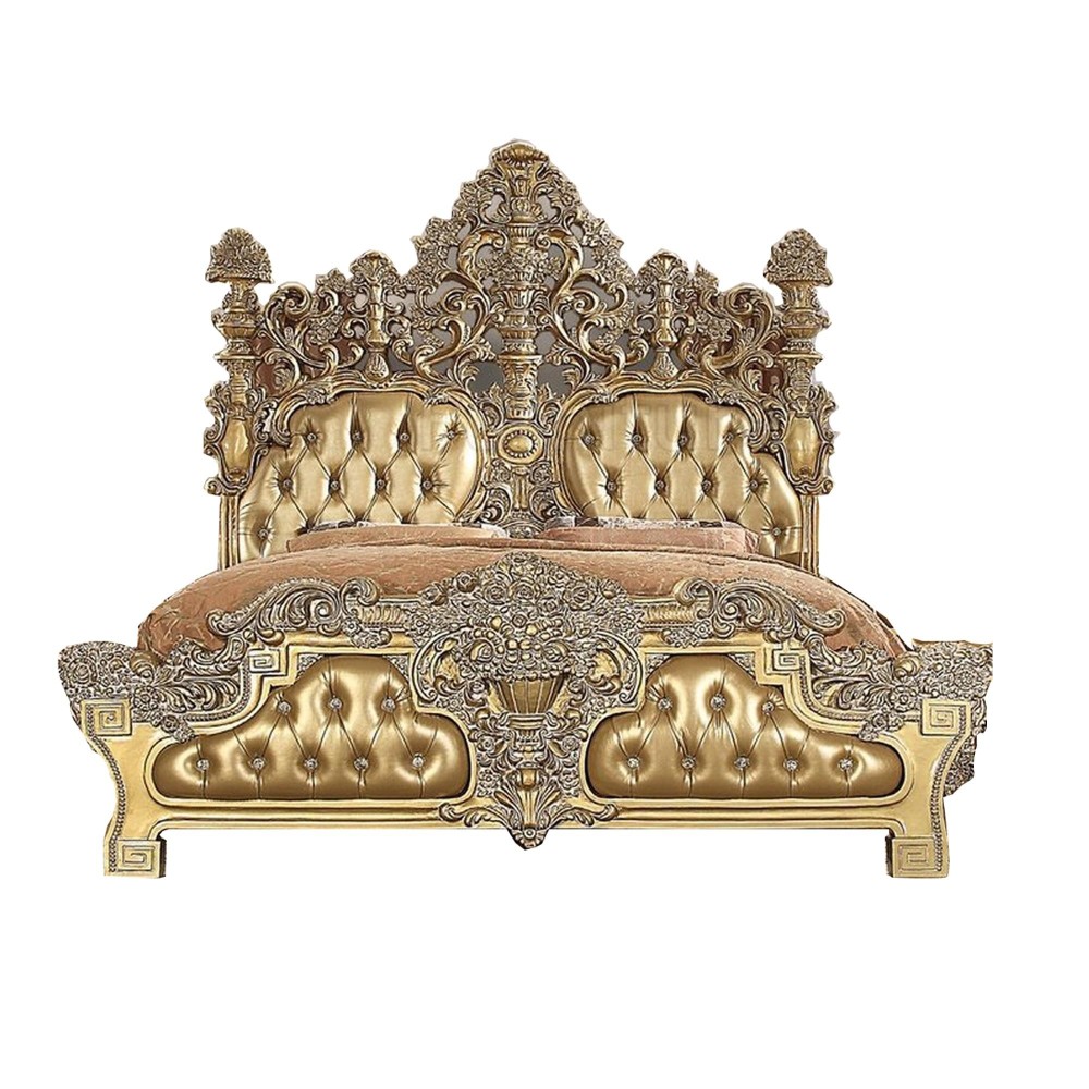 Eastern King Bed with Button Tufting and Hollow Carvings, Gold