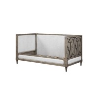 Daybed with Fabric Upholstery and Carvings, Weathered Brown