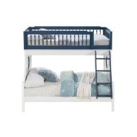 Twin Over Full Bunk Bed with Baluster Style Guardrails, White and Blue