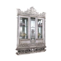 Curio with 2 Glass Doors and Traditional Hollow Floral Carvings, Gray